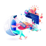 Xtreme colorful illustration man gamer manager distant remote work internet marketer designer freelancer sits at computer cyber power fluid telework web design business